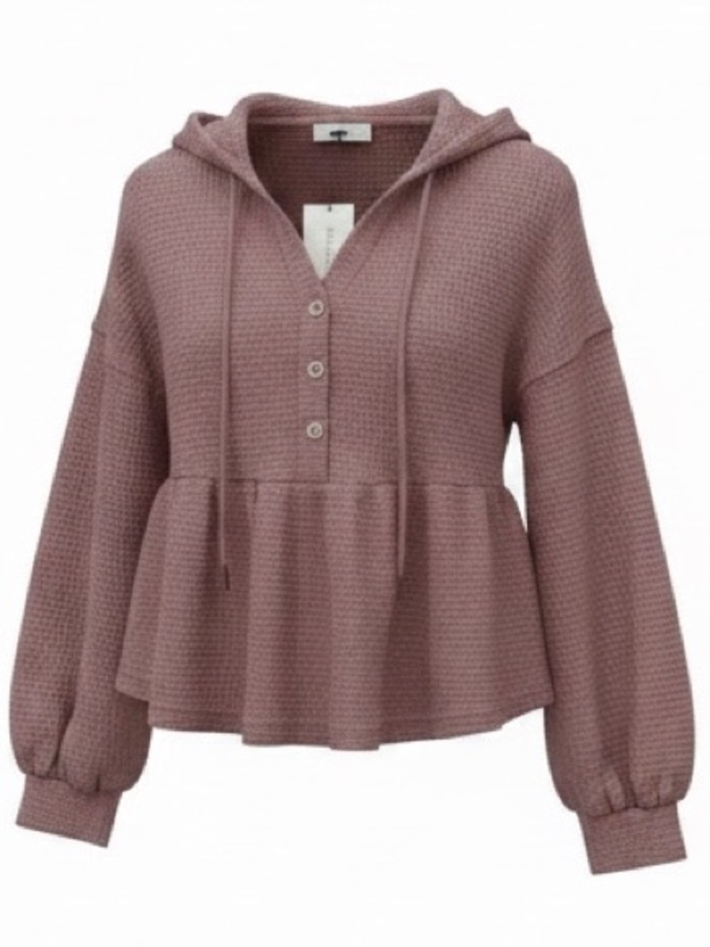 New In Boho Mauve Waffle Knit Button Down Hooded Top - NWT Size S